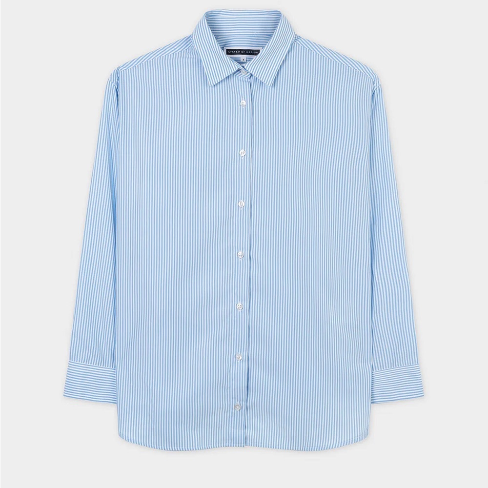 System of Motion 14 10 Blue Stripe Walter Shirt Button Down Top Travel Career - Picture 11 of 13